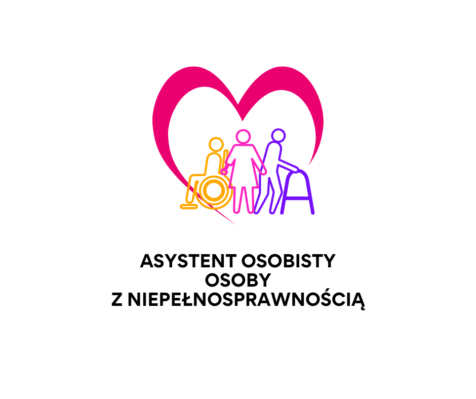 Na białym tle, w górnej części, znajduje się duży, różowy kontur serca o miękkich liniach. Wewnątrz serca umieszczono trzy kolorowe, liniowe ikony przedstawiające osoby o różnych potrzebach. Po lewej stronie znajduje się pomarańczowa postać poruszająca się na wózku inwalidzkim. W centrum stoi różowa postać. Po prawej stronie znajduje się fioletowa postać korzystająca z balkonika rehabilitacyjnego. Poniżej grafiki widnieje czarny, czytelny napis wykonany grubą czcionką i wielkimi literami: ASYSTENT OSOBISTY OSOBY Z NIEPEŁNOSPRAWNOŚCIĄ. Tekst jest wyśrodkowany i ułożony w trzech rzędach.